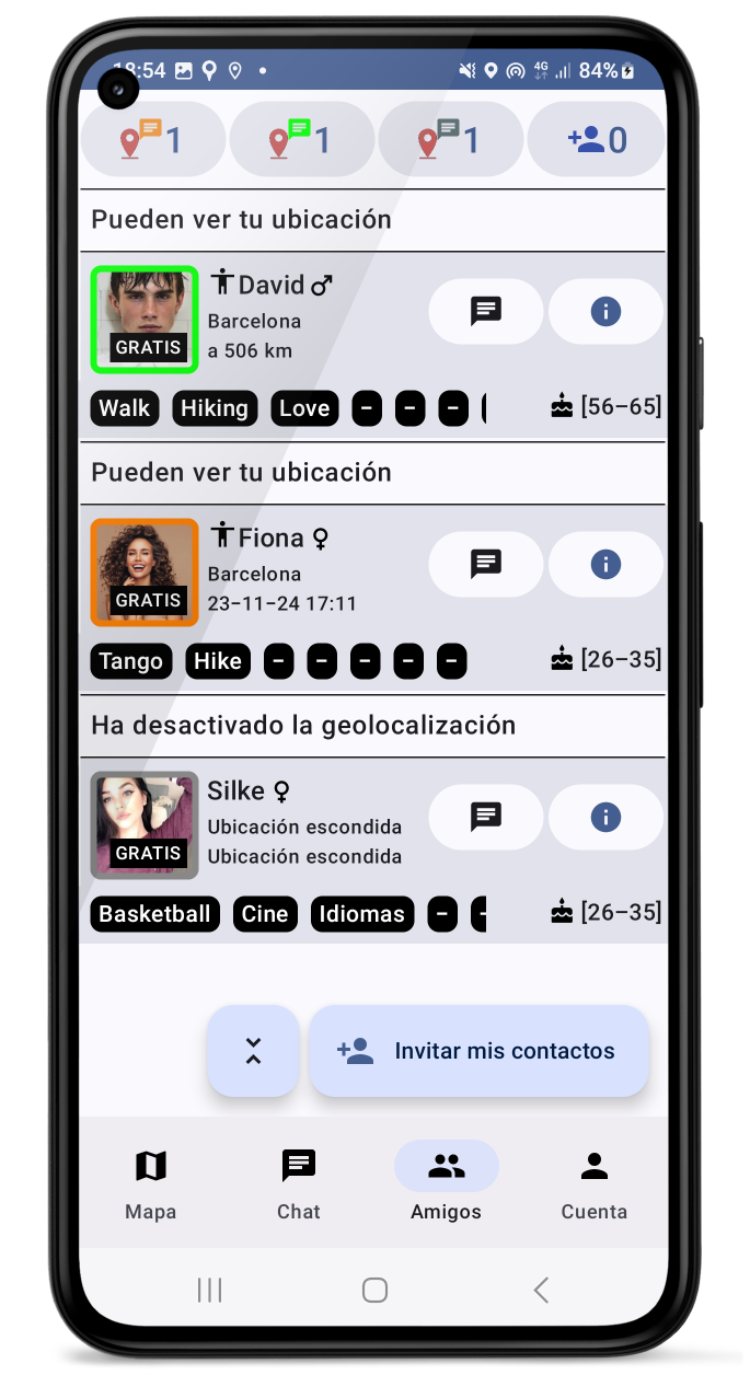 Contactos y opción de ocultar ubicación